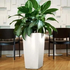 LECHUZA Cubico Premium 30, Weiß Hochglanz, All-in-One-Set , 30x30, H:56 Cm